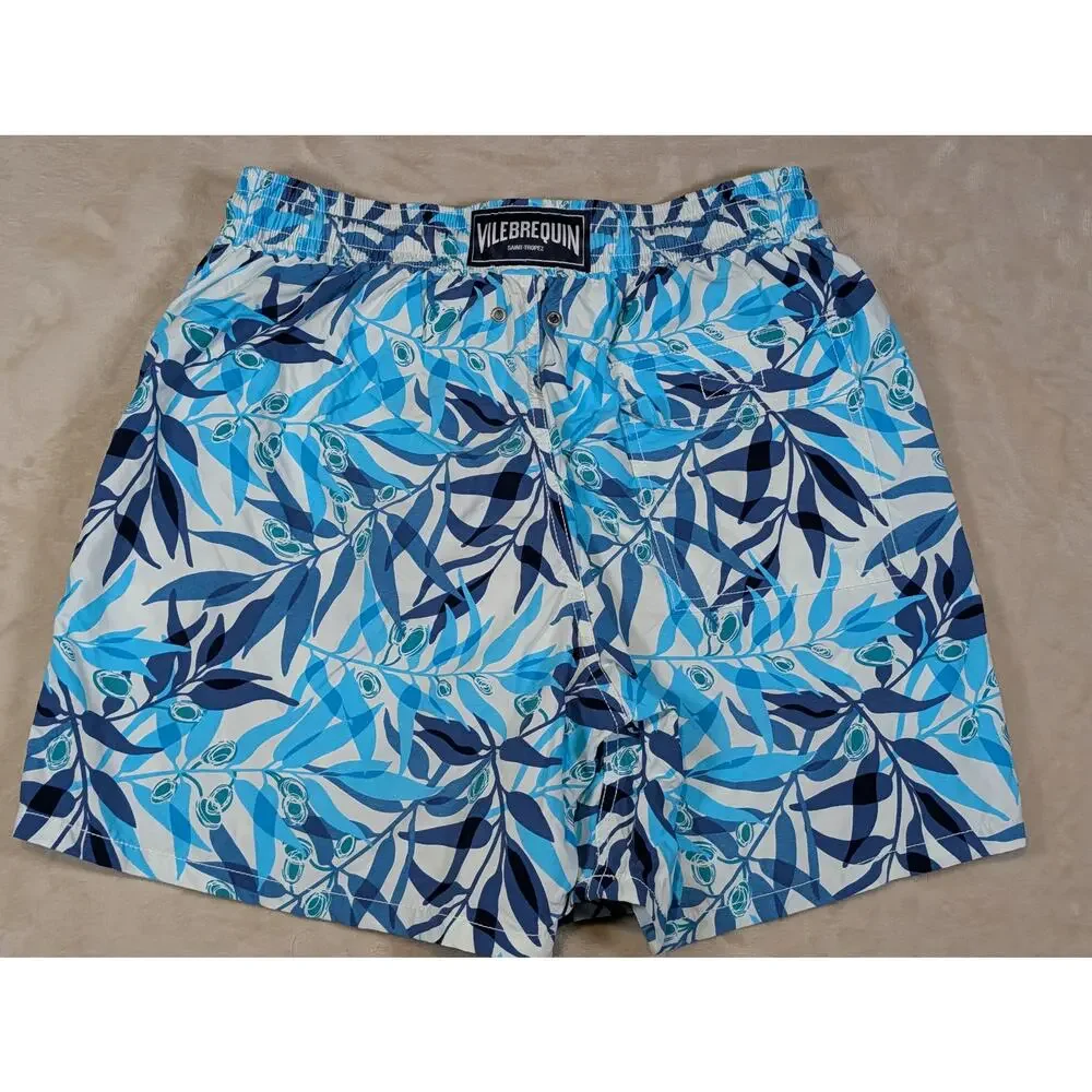 Vilebrequin Moorea Swim Trunks Large Blue White Olive Branch Leaf Print Mens